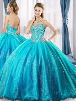 Flare Aqua Blue Sleeveless Beading Floor Length Quince Ball Gowns