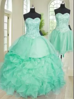 Turquoise Sweetheart Lace Up Beading and Ruffles Quinceanera Gown Sleeveless