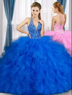 Latest Floor Length Ball Gowns Sleeveless Royal Blue Quinceanera Gown Lace Up