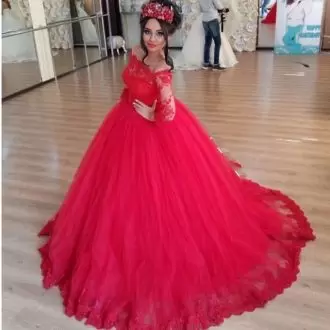 Lovely Red Tulle Lace Up Off The Shoulder Long Sleeves Sweet 16 Dress Sweep Train Lace and Appliques