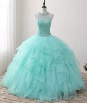 Glorious Baby Blue Halter Top Illusion Beaded Bodice Long 15 Quinceanera Dress with Open Back