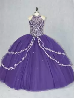 Decent Purple Ball Gowns Halter Top Sleeveless Tulle Floor Length Lace Up Beading Sweet 16 Dresses