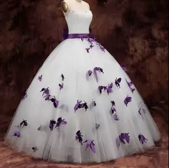 White and Purple Sleeveless Bow Back Sweet 16 Dress with Butterflies