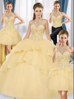 Yellow Color 4 Pieces Halter High-neck Quinceanera Dress Lace and Beading