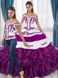 Captivating White And Purple Two Pieces Embroidery and Ruffled Layers Quinceanera Gown Lace Up Organza Sleeveless Floor Length
