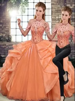 Sleeveless Organza Floor Length Lace Up 15 Quinceanera Dress in Orange with Beading and Ruffles