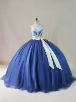 Stylish Scoop Sleeveless Brush Train Lace Up 15th Birthday Dress Navy Blue Tulle Appliques and Sashes ribbons and Bowknot