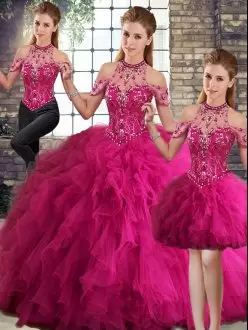 Wonderful Fuchsia Sleeveless Floor Length Beading and Ruffles Lace Up Sweet 16 Dress Halter Top