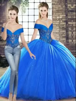 Custom Made Sleeveless Organza Brush Train Lace Up Sweet 16 Dresses in Royal Blue with Beading
