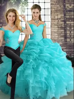 Dynamic Off The Shoulder Sleeveless Lace Up Sweet 16 Dress Aqua Blue Organza Beading and Ruffles and Pick Ups