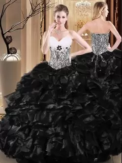 Floor Length Black Sweet 16 Quinceanera Dress Tulle Sleeveless Ruffles and Pattern