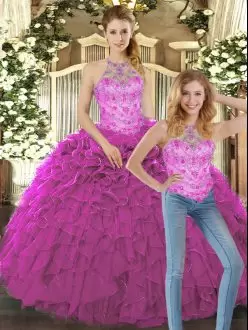 Sleeveless Halter Top Beading and Ruffles Lace Up Quinceanera Dresses