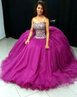 Cheap Tulle Long Fuchsia Quinceanera Dress with Straps and Crystals Beading