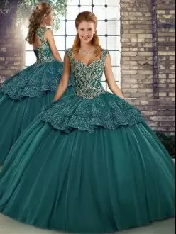 Elegant Floor Length Green 15 Quinceanera Dress Straps Sleeveless Lace Up