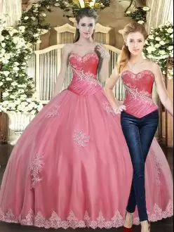 Pretty Sleeveless Floor Length Beading and Appliques Lace Up Quinceanera Dress with Rose Pink