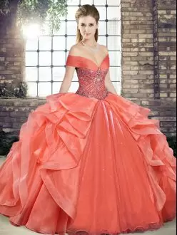 Orange Red Sleeveless Organza Lace Up Quinceanera Gowns for Military Ball and Sweet 16 and Quinceanera