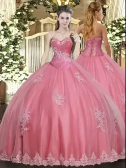 Cheap Sweetheart Coral Pink Appliques Lace Quinceanera Gown