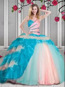 Multi-color Ball Gowns Organza Sweetheart Sleeveless Beading and Ruching Floor Length Lace Up Ball Gown Prom Dress