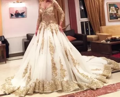 Elegant Sweet 16 Quinceanera Dress Champagne Gold with Lace Long Sleeves Train