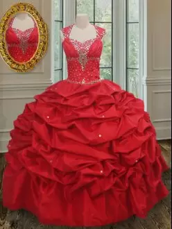 Custom Fit Floor Length Red Ball Gown Prom Dress Straps Cap Sleeves Lace Up