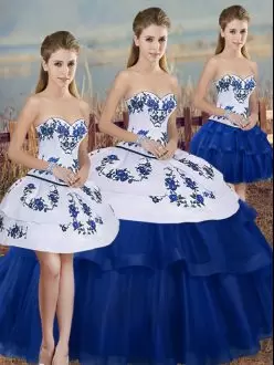 Sleeveless Tulle Floor Length Lace Up Sweet 16 Dress in Royal Blue with Embroidery and Bowknot