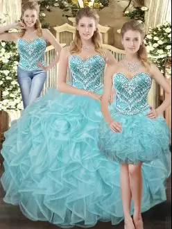 Exceptional Floor Length Lace Up Sweet 16 Dress Aqua Blue for Military Ball and Sweet 16 and Quinceanera with Beading and Ruffles
