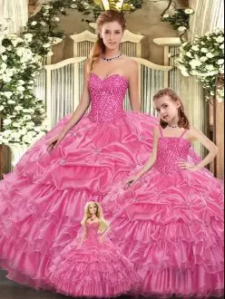 Dynamic Rose Pink Sweetheart Neckline Beading and Ruffled Layers Quince Ball Gowns Sleeveless Lace Up