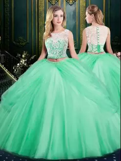 Spectacular Scoop Sleeveless Zipper Sweet 16 Dress Apple Green Satin and Tulle Lace and Pick Ups