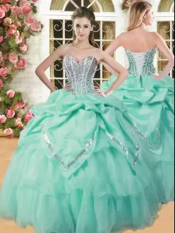 Sweetheart Sleeveless 15th Birthday Dress Floor Length Beading and Pick Ups Apple Green Organza