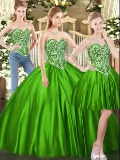 Decent Floor Length Lace Up Sweet 16 Quinceanera Dress Green for Military Ball and Sweet 16 and Quinceanera with Beading