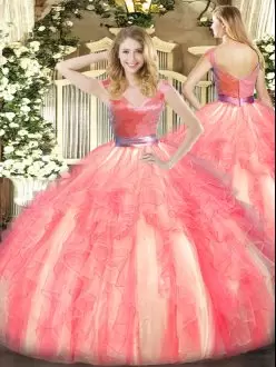 Watermelon Red Zipper Ball Gown Prom Dress Beading and Ruffles Sleeveless Floor Length