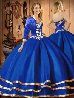 Mexico Themed Royal Blue Sweetheart Organza Sweet 16 Dress with Gold Embroidery and Buttons