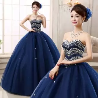 Fancy Navy Blue Sleeveless Tulle Lace Up Vestidos de Quinceanera for Sweet 16 and Quinceanera