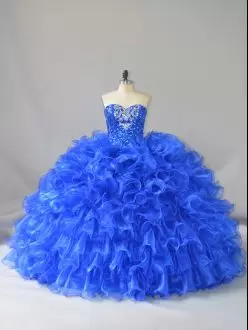 Royal Blue Lace Up Sweetheart Ruffles and Sequins 15th Birthday Dress Organza Sleeveless