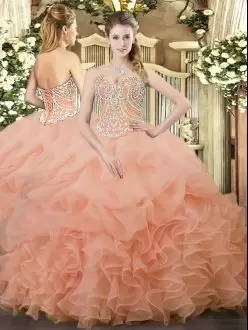 Peach Quinceanera Dresses Military Ball and Sweet 16 and Quinceanera with Beading and Ruffles and Pick Ups Sweetheart Sleeveless Lace Up
