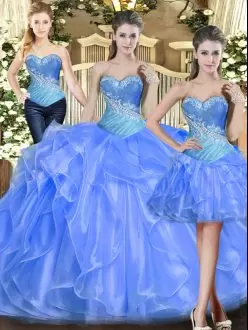 Sleeveless Floor Length Beading and Ruffles Lace Up 15th Birthday Dress with Baby Blue