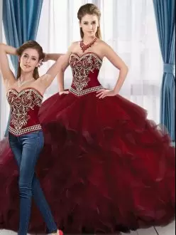 Customized Wine Red Sleeveless Tulle Lace Up 15 Quinceanera Dress for Military Ball and Sweet 16 and Quinceanera