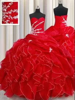Simple Red Ruffles Silver Embroidery Sweet 16 Dress Sweetheart