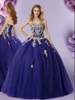 Custom Design Navy Blue Ball Gowns Sweetheart Sleeveless Tulle Floor Length Lace Up Beading 15 Quinceanera Dress