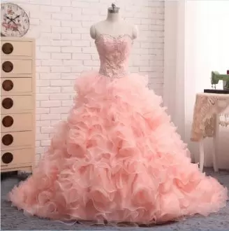 Organza Sweetheart Sleeveless Sweep Train Zipper Beading and Ruffles Vestidos de Quinceanera in Pink