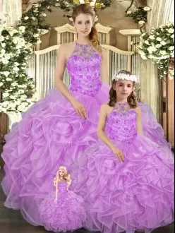 Lilac Tulle Lace Up 15 Quinceanera Dress Sleeveless Floor Length Beading and Ruffles