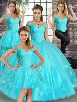 Luxurious Aqua Blue Tulle Lace Up Off The Shoulder Sleeveless Floor Length Vestidos de Quinceanera Beading and Appliques