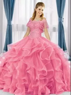 Discount Watermelon Red Ball Gowns Beading and Ruffles 15th Birthday Dress Lace Up Tulle Sleeveless