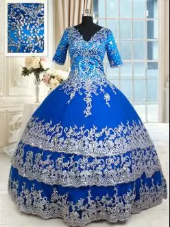 Smart Satin V-neck Half Sleeves Zipper Beading and Lace and Ruffled Layers Quinceanera Gown in Royal Blue