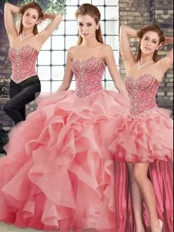 Simple Brush Train Three Pieces Ball Gown Prom Dress Watermelon Red Sweetheart Tulle Sleeveless Lace Up