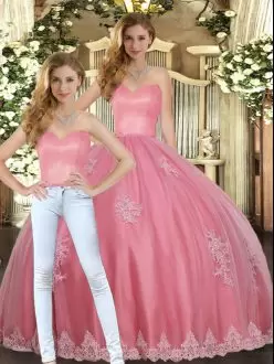 Fabulous Floor Length Lace Up 15 Quinceanera Dress Watermelon Red for Military Ball and Sweet 16 and Quinceanera with Appliques