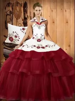 Wonderful Wine Red Satin and Organza Lace Up Sweet 16 Dresses Sleeveless With Train Sweep Train Embroidery and Ruffled Layers