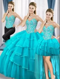 High Class Aqua Blue Lace Up 15th Birthday Dress Beading and Ruffled Layers Sleeveless Floor Length