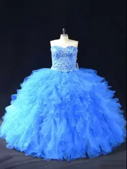 Wonderful Blue Sweetheart Neckline Beading and Ruffles Ball Gown Prom Dress Sleeveless Lace Up