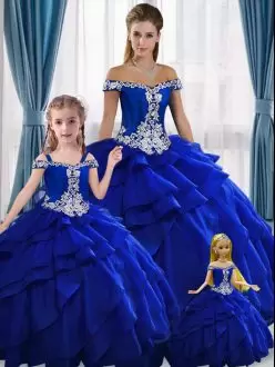 Exceptional Royal Blue Ball Gowns Appliques Quinceanera Gown Lace Up Organza Sleeveless Floor Length